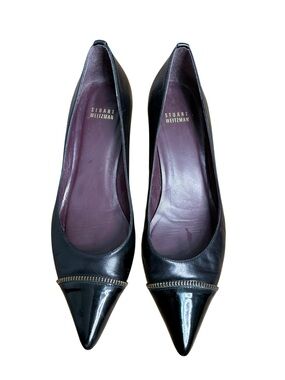 Stuart Weitzman Black Leather Kitten Heel Pointed Patent Toe Pumps Shoes Women 9